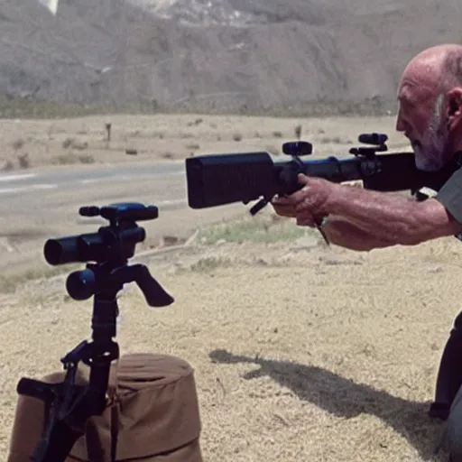 Image similar to A film still of Mike Ehrmantraut aiming a !!!sniper rifle!!!, 4k, !!highly detailed!!