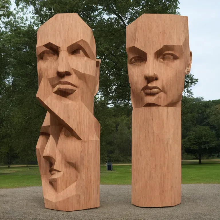 Image similar to 2 0 0 ft sculpture geometric minimalist!!! accurate portrait of scarlett johansson, beautiful symmetrical!! face accurate face detailed face realistic proportions, hand - carved out of red oak wood on a pedestal by stephan balkenhol and martin puryear, cinematic lighting shocking detail 8 k