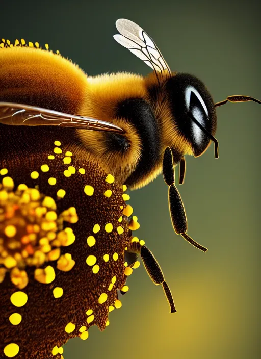 Prompt: highly detailed macro photo of a bee, stephen bliss, unreal engine, global illumination, radiant light, detailed and intricate environment