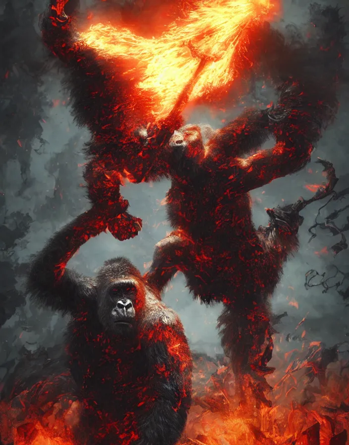 Image similar to folk horror illustration of a Gorilla warrior bursting in flames holding a Lava Sword, dark souls 3 artwork, art by greg rutkowski, art by craig mullins, art by Masanori Warugai, art by Yoshitaka Amano