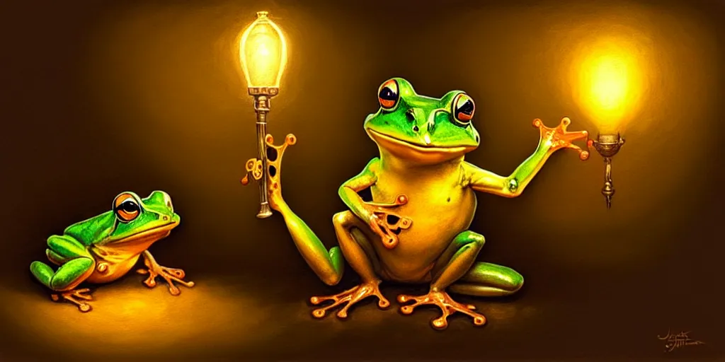 Image similar to a frog holding a lamp by justin gerard, concept art, creature design