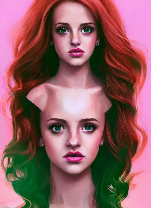 Image similar to full body portrait of teenage cheryl blossom, bangs, green eyes, sultry expression, red hair, sultry smirk, bangs and wavy hair, pink skirt, bangs, intricate, elegant, glowing lights, highly detailed, digital painting, artstation, concept art, smooth, sharp focus, illustration, art by wlop, mars ravelo and greg rutkowski