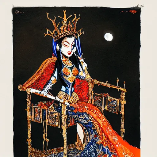 Prompt: an illustration of a dark queen on a throne, oriental, arabic, at night by marc davis, realistic, gouache, painting