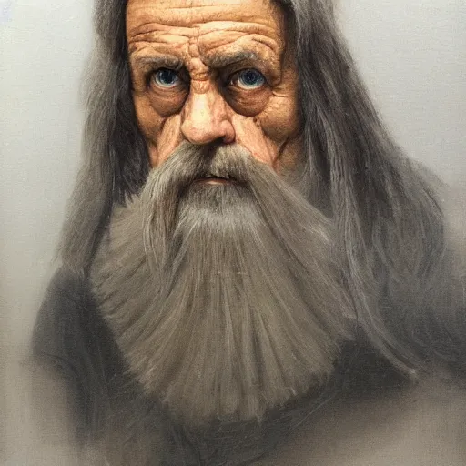 Prompt: portrait of an extremely old and muscular wizard, oil, detailed