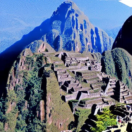 Image similar to an ancient Aztec strategic bomber flies low over Maccu Picchu, realistic digital photo, South American mountains, aircraft made of stone