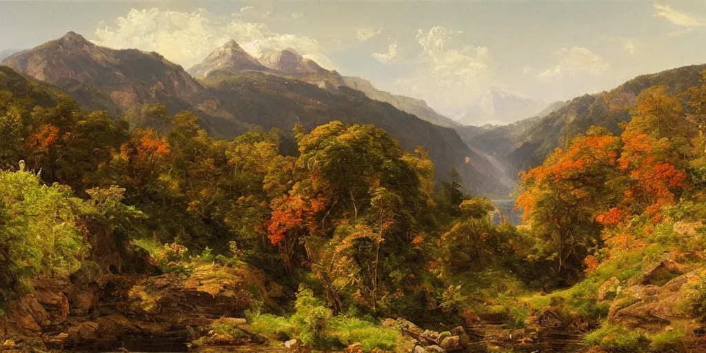 Image similar to a beautiful landscape painting of a rocky valley with patches of woodland, by frederic edwin church, oil on canvas, highly detailed, hd, 4 k