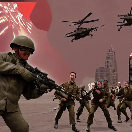 Image similar to The war between the Soviet Union and America, the action takes place in New York, far away against the background of the Statue of Liberty, a lot of soldiers and military equipment, a lot of explosions and tracer bullets, a lot of ruins, a very epic battle, Retro futurism art