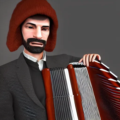 Prompt: Unreal Engine render of a man with a long accordion-neck, character design