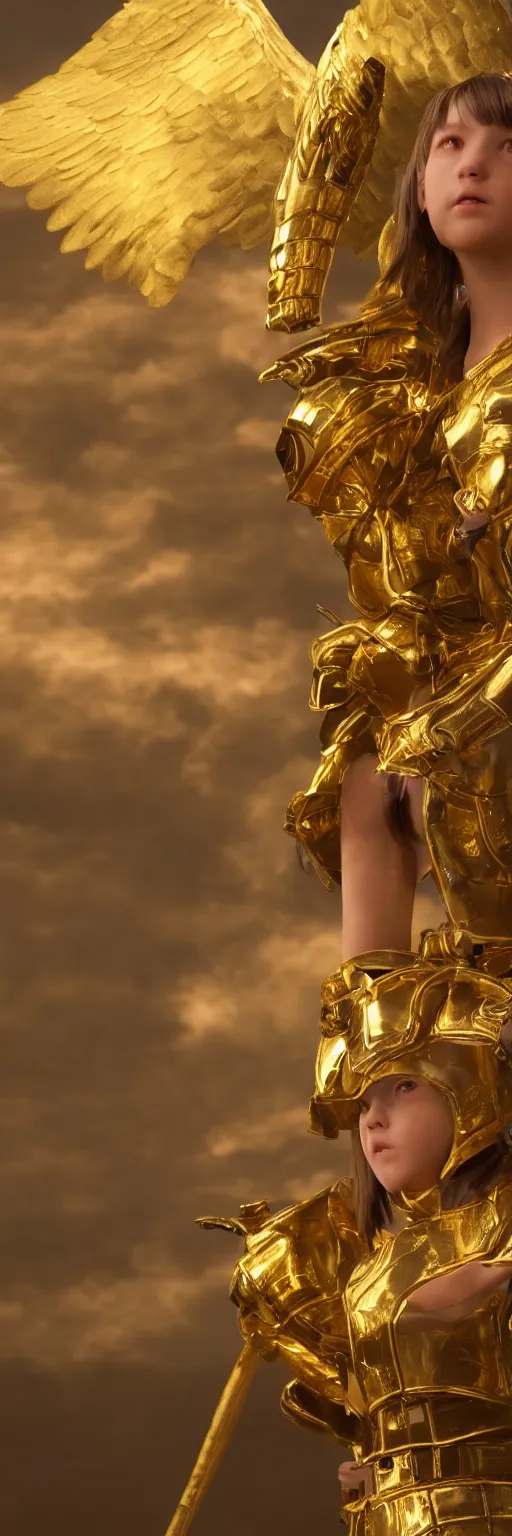 Prompt: a full length single young girl wearing a gold armor fighting angels in the sky, extremely realistic and highly detailed 8 k, sharp focus, octane render, dramatic volumetric lighting and extremely realistic faces