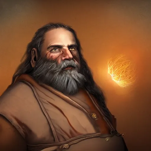 Prompt: Half-length portrait of Antares, a middle-aged dwarf man with long beard and a grave voice, that works as a master chef and lives in the nature, epic dramatic digital art.