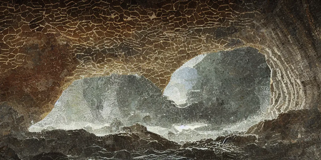 Prompt: natural cave with ancient roman mosaic of rough sea with huge waves, stylised, symmetrical, minimal, octane, dynamic light