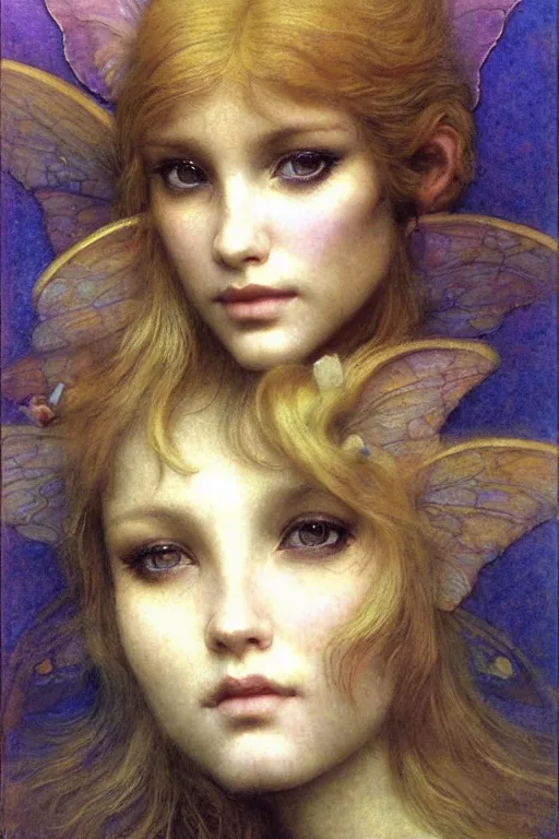 Image similar to headshot portrait of a beautiful faerie, golden ratio, detailed, rainbowshift, by maxfield parrish, john william waterhouse, brian froud
