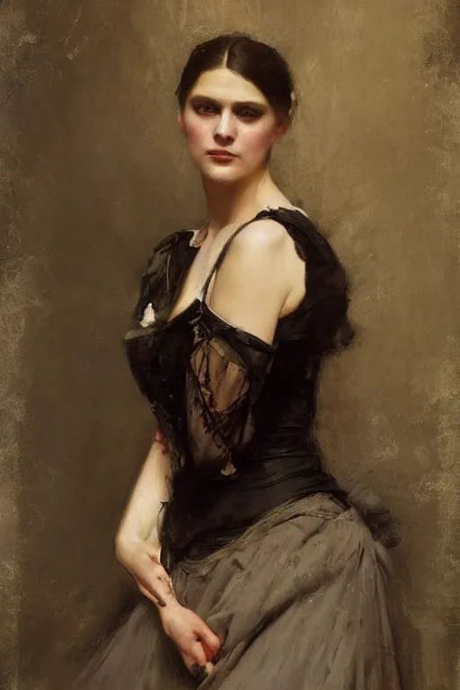 Prompt: Solomon Joseph Solomon and Richard Schmid and Jeremy Lipking victorian genre painting full length portrait painting of a young beautiful woman victorian rich dancer