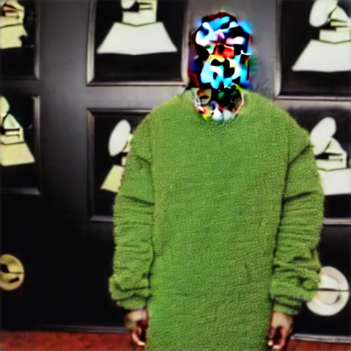 Image similar to kanye west at the grammys in an avocado costume, red carpet photo