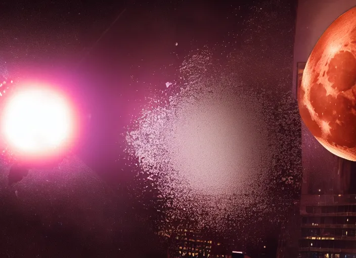 Image similar to film still of the moon shattering into pieces exploding moon over time square in the new disaster, 8 k, night time