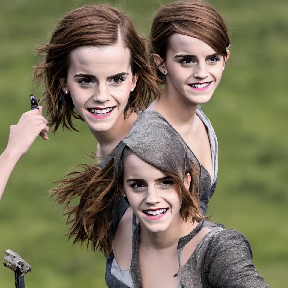 Prompt: Joyful!!! smiling Emma Watson wearing cyborg prosthetic in the style of Her (2013). Clear Hands. Clear body. Clear Clothes. Hobbiton as Background. Cinematic. Professional Photo. UHD. 8k. Clear Face.