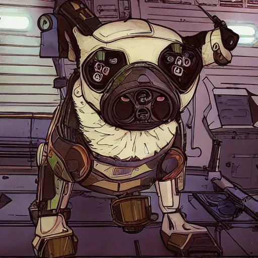 Prompt: cyborg corgi with one robotic eye that looks like it is from Borderlands and by Feng Zhu and Loish and Laurie Greasley, Victo Ngai, Andreas Rocha, John Harris