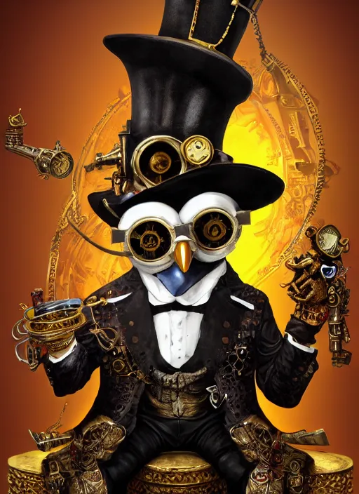 Prompt: athropomorphized rich penguin capitalist sitting on pile of gold, wearing steampunk top hat, steampunk goggles, casting spell, concept art, insanely detailed and intricate, hypermaximalist, elegant, ornate, hyper realistic, super detailed, art deco, cinematic, trending on artstation, magic the gathering artwork