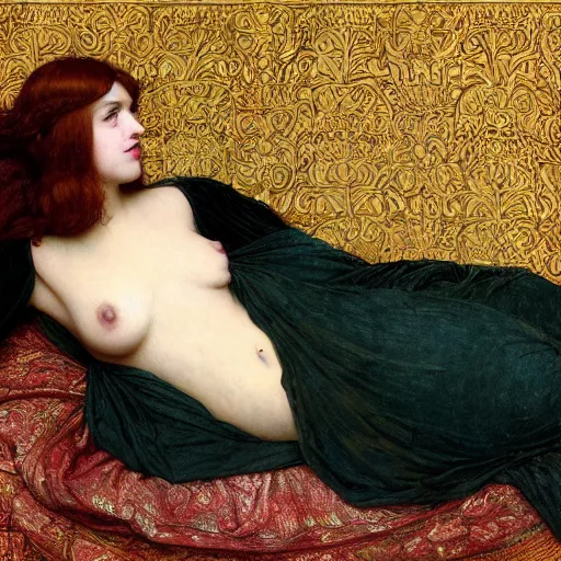 Prompt: preraphaelite photography reclining on bed, a hybrid of a hybrid of judy garland and lady gaga and a hybrid of anne hathaway and liza minelli, aged 2 5, big brown fringe, wide shot, yellow ochre ornate medieval dress, john william waterhouse, kilian eng, rosetti, john everett millais, william holman hunt, william morris, 4 k