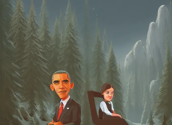 Prompt: obama nervously standing by a mountain of papers, cartoonish cute, pine trees, magical atmosphere, trending on artstation, 3 0 mm, by noah bradley trending on artstation, deviantart, high detail, stylized portrait