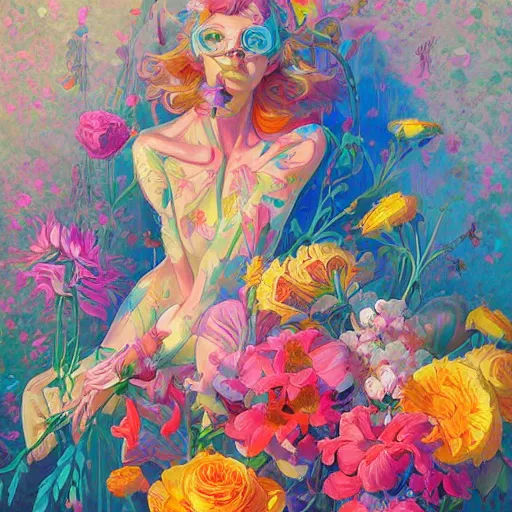 Image similar to a bouquet of colorful flowers, flowers with very long petals,afternoon sunlight, hard light and long shadows, neon glowing, vivid, detailed painting, by James Jean and Ross Tran, masterpiece, award winning painting
