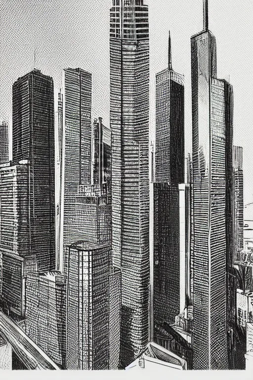 Prompt: a photo of a pencil skyscraper in the middle of a cityscape, highly detailed