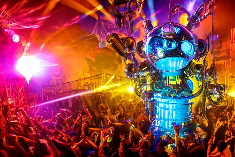 Image similar to scene is elrow party in privilege in ibiza, portrait photo of a giant huge golden and blue metal steampunk robot, with gears and tubes, eyes are glowing red lightbulbs, shiny crisp finish, 3 d render, 8 k, insaneley detailed, fluorescent colors, haluzinogetic, background is multicolored lasershow