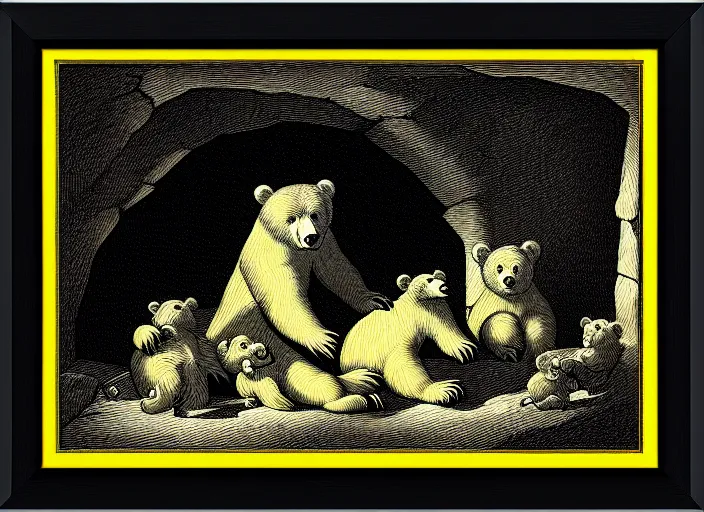 Image similar to Pieter Claesz's 'a bear and her cubs sleeping in a dark cave, lit by hole in roof', night time, cross hatching, framed, monochrome, yellow