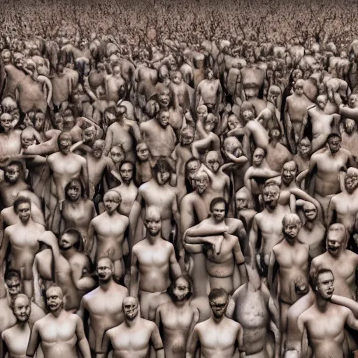 Image similar to hundreds of humans. A sea of humans. interconnected flesh. Crowdcrush. Many humans intertwined and woven together. Bodies and forms amesh.