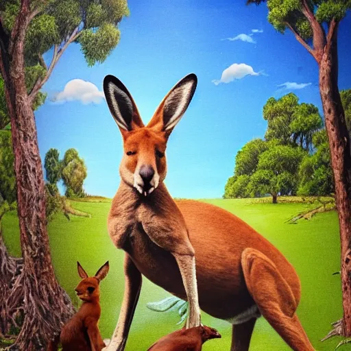 Image similar to a Muscular kangaroo and a dog look at each other, blue sky, garden, highly detailed, high quality, award winning