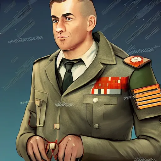 Prompt: old punny male military commander clean shave, no beard, sci-fi, futuristic, in the style of Atey Ghailan