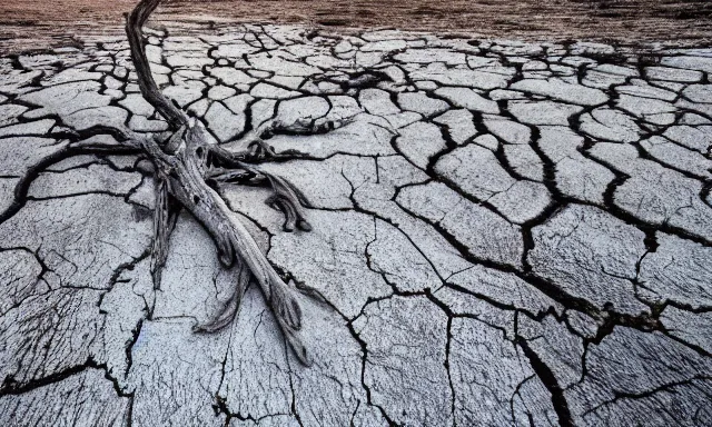 Image similar to medium shot of a crying ancient dried up Danu, peaceful, facing the camera and standing in front of a dried up river in a desolate land, dead trees, blue sky, hot and sunny, highly-detailed, elegant, dramatic lighting, artstation, 4k, cinematic landscape, photograph by Elisabeth Gadd