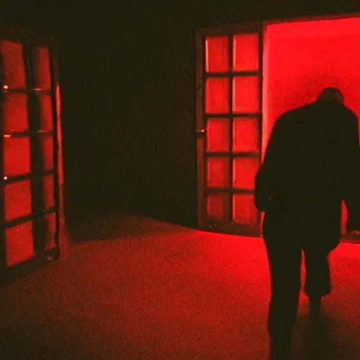 Image similar to Tension building scene someone coming out of pitch black darkness with hand grasping toward the camera, red light, horror movie, Movie Cinematography