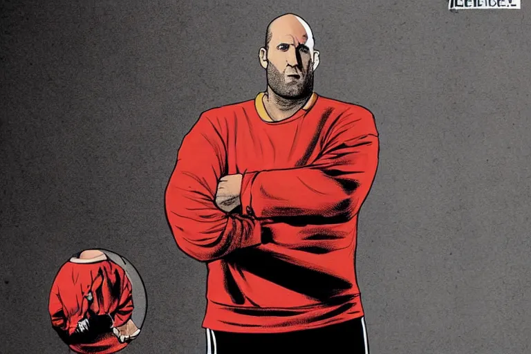 Prompt: overweight jason statham in a track suit, judgmental, graphic novel style