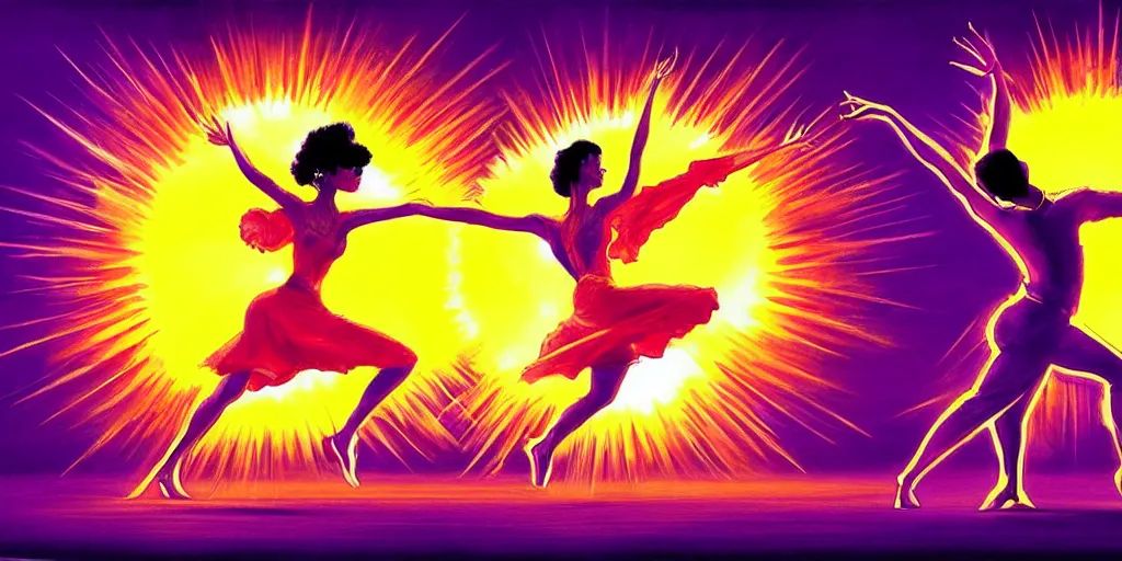 Image similar to The sun is exploding while Latino Cubans Dancers Salsa Dancing Gesture draw by Stanley Artgerm Lau, sun exploding on the background, Gesture draw, Salsa Social Dance, couple, lady using yellow dress, guy using the purple fancy suit, Salsa tricks, explosive background, WLOP, Rossdraws, Gesture draw, James Jean, Andrei Riabovitchev, Marc Simonetti, and Sakimichan, trending on artstation