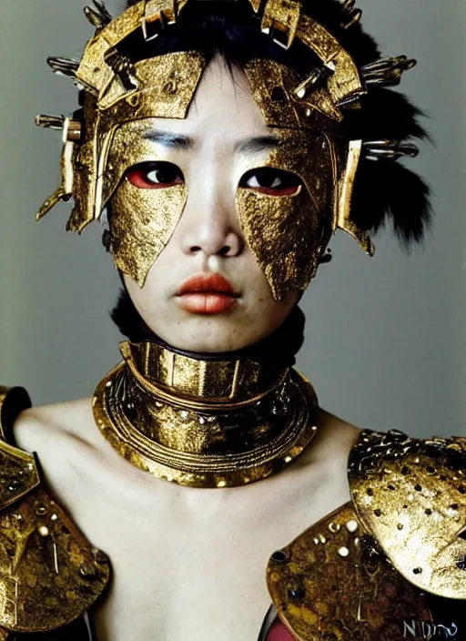 Prompt: close - up portrait of beautiful young woman dressed gladiator with metallic armor, art by nobuyoshi araki