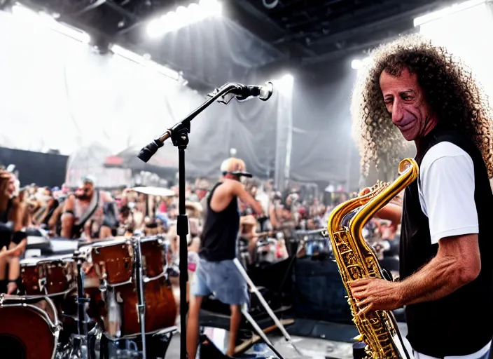 Image similar to photo still of kenny g on stage at vans warped tour!!!!!!!! at age 4 8 years old 4 8 years of age!!!!!!! playing saxophone, 8 k, 8 5 mm f 1. 8, studio lighting, rim light, right side key light