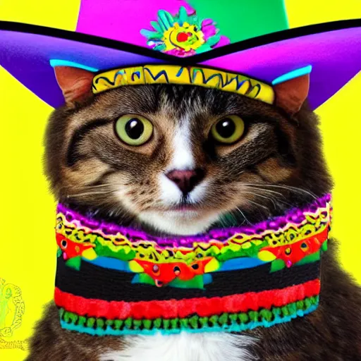 Prompt: a mexican cat wearing a sombrero and bandolier