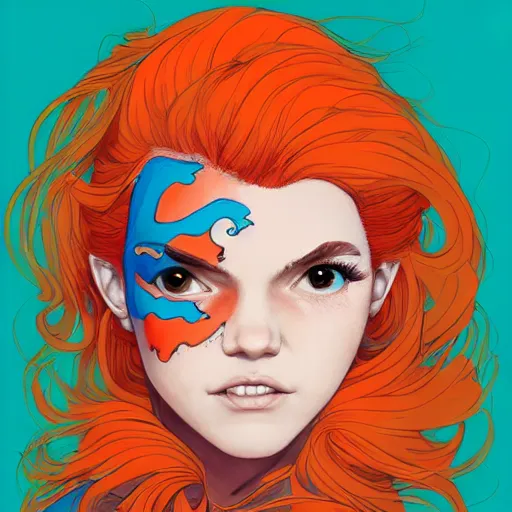 Image similar to portrait painting of a teenage girl with swept back wild orange hair, fashionable, windy, face paint, sharp focus, award - winning, trending on artstation, masterpiece, highly detailed, intricate. art by josan gonzales and moebius and deathburger