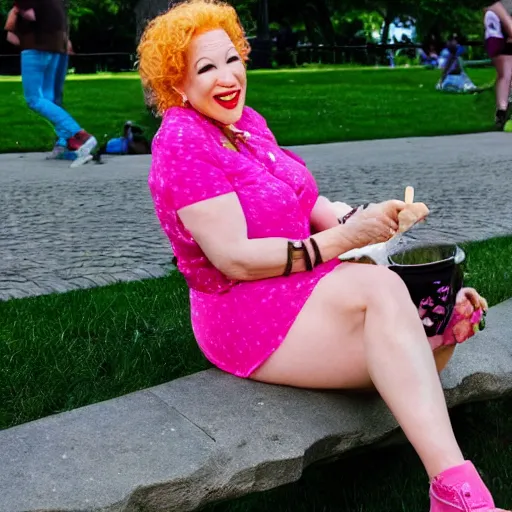 Image similar to bette midler eating ice cream, central park, trending on artstation, 8 k