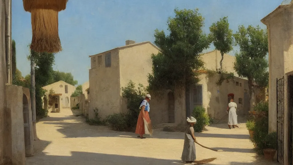 Image similar to a beautiful extremely complex painting of a street in a mediterranean village in summer by peter ilsted, whitewashed housed, tall cypress trees, blue shutters on windows, elderly woman sweeping the ground with a broom, national gallery of art highlights