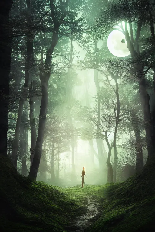 Prompt: high quality fantasy stock photo, unsplash transparent, forest and moon, intricate detail, elegant, hyper realistic, ultra detailed, octane render, volumetric cinematic lighting, 8 k post - production