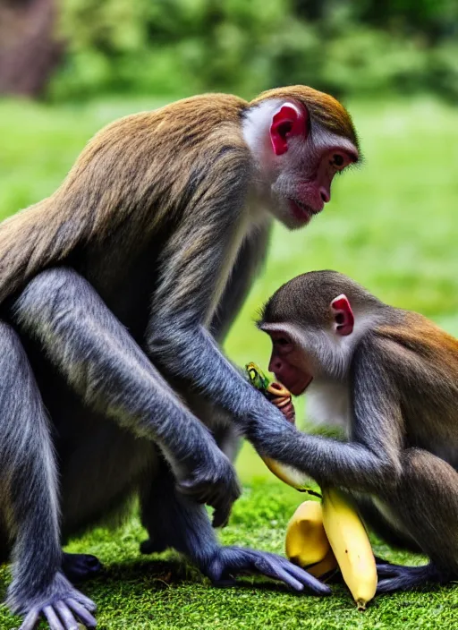 Prompt: a monkey feeds a banana to a person, color high - quality photo