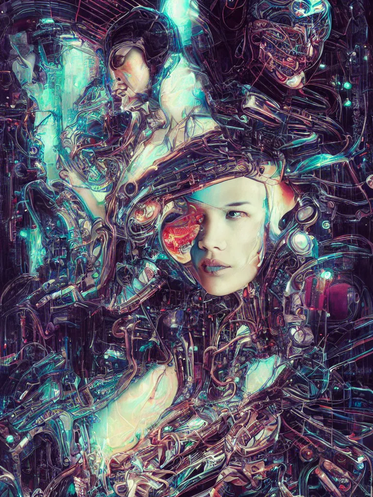 Image similar to portrait of computer & circuits, melting, moon goddess, 8 k, by tristan eaton, stanley artgermm, tom bagshaw, greg rutkowski, carne griffiths, ayami kojima, beksinski, giger, trending on deviantart, face enhance, hyper detailed, minimalist, cybernetic, android, blade runner, full of colour, super detailed