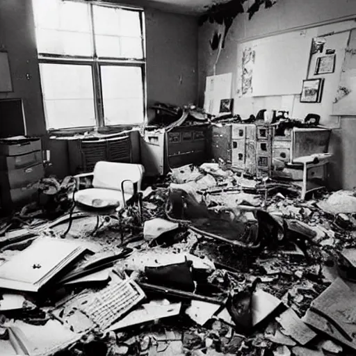 Image similar to The computer art shows a scene of total destruction. A room has been completely wrecked, with furniture overturned, belongings strewn about, and debris everywhere. The only thing left intact is a single photograph on the wall. This photograph is the only evidence of what the room once looked like. It shows a tidy, well-appointed space, with everything in its place. The contrast between the two images is stark, and it is clear that the destruction was complete and absolute. Doom engine, doge by Isaac Levitan, by Guy Billout, by Siya Oum monumental