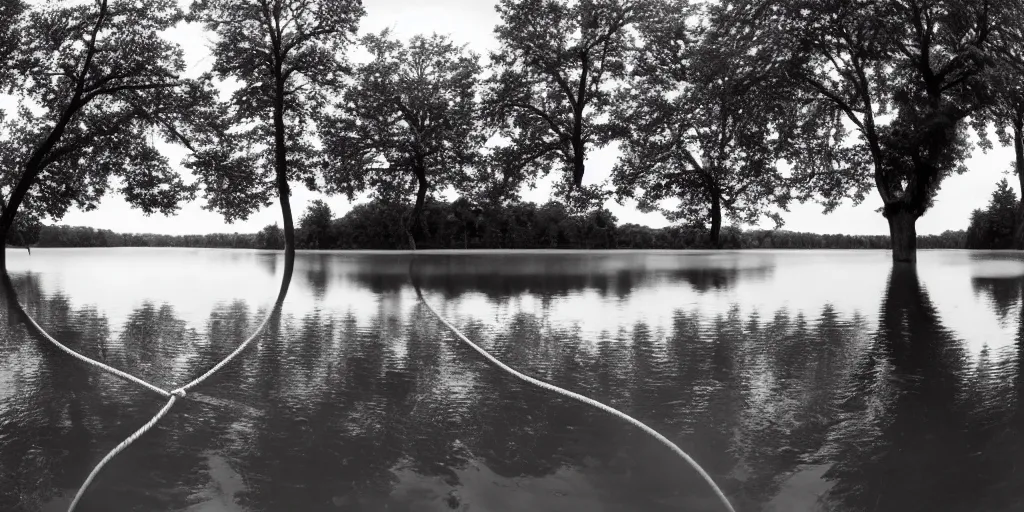 Image similar to symmetrical photograph of an infinitely long rope floating on the surface of the water, the rope is snaking from the foreground stretching out towards the center of the lake, a dark lake on a cloudy day, trees in the background, anamorphic lens directed by charlie kaufman