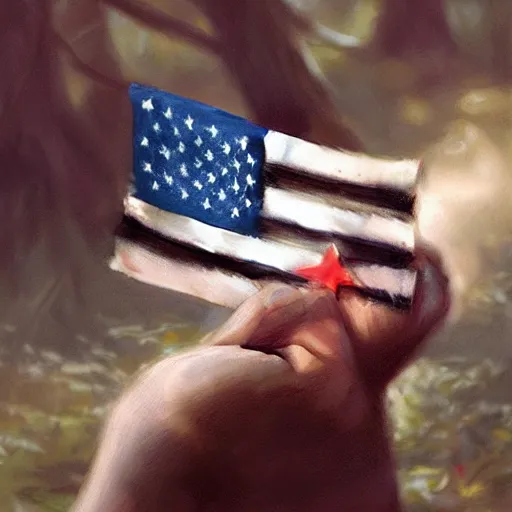 Image similar to child's hand holding a very tiny american flag in the forest, digital art by ruan jia and mandy jurgens and artgerm, highly detailed, trending on artstation, award winning