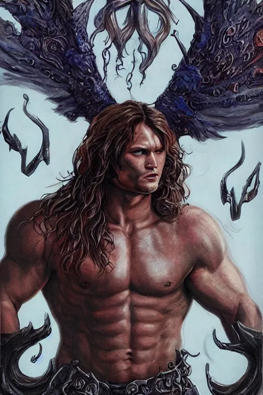 Image similar to front portrait of attractive sam winchester as a muscularshaman with demon wings wide open, teared apart shirt whole body tattooed with runes and symbols, d & d!, fantasy style, sharp focus!, ultra detailed, art by artgerm and peter andrew jones, wlop