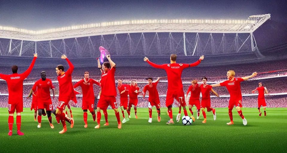 Prompt: soccer goal moments, players, people, football club spartak moscow wins the 2 0 2 4, champions league, final at wembley stadium, soviet realism style, 8 k