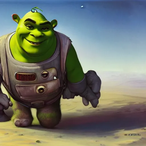 Image similar to shrek travels to the moon in a car, highly detailed, digital painting, artstation, concept art, smooth, sharp focus, illustration, art by artgerm and greg rutkowski and alphonse mucha